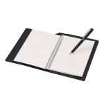 Caderno A5 em pele sintética com caneta de tinta azul e folhas lisas