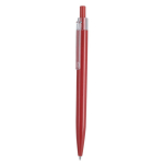 Caneta de pressão em plástico com clipe transparente e tinta azul cor vermelho primeira vista