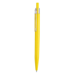 Caneta de pressão em plástico com clipe transparente e tinta azul cor amarelo primeira vista