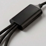 Cabo de carregamento entrançado 5 em 1 com múltiplos conectores 10W cor preto vista de detalhe 