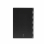 Caderno A5 com capa flexível e espiral lateral, páginas pautadas cor preto vista traseira 