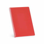 Caderno A5 com capa flexível e espiral lateral, páginas pautadas cor vermelho