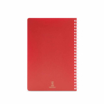 Caderno A5 com capa flexível e espiral lateral, páginas pautadas cor vermelho vista traseira 