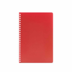 Caderno A5 com capa flexível e espiral lateral, páginas pautadas cor vermelho vista frontal 