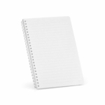 Caderno A5 com capa flexível e espiral lateral, páginas pautadas cor branco