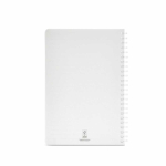 Caderno A5 com capa flexível e espiral lateral, páginas pautadas cor branco vista traseira 