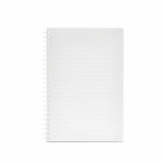 Caderno A5 com capa flexível e espiral lateral, páginas pautadas cor branco vista frontal 
