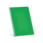 Caderno A5 com capa flexível e espiral lateral, páginas pautadas cor verde
