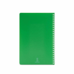Caderno A5 com capa flexível e espiral lateral, páginas pautadas cor verde vista traseira 