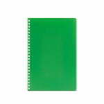 Caderno A5 com capa flexível e espiral lateral, páginas pautadas cor verde vista frontal 