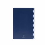 Caderno A5 com capa flexível e espiral lateral, páginas pautadas cor azul-marinho vista traseira 