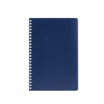 Caderno A5 com capa flexível e espiral lateral, páginas pautadas cor azul-marinho vista frontal 