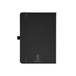 Caderno A5 pele sintética reciclada fecho elástico e páginas pautadas cor preto vista traseira 