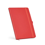 Caderno A5 pele sintética reciclada fecho elástico e páginas pautadas cor vermelho