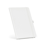 Caderno A5 pele sintética reciclada fecho elástico e páginas pautadas cor branco