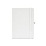 Caderno A5 pele sintética reciclada fecho elástico e páginas pautadas cor branco vista frontal 