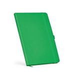 Caderno A5 pele sintética reciclada fecho elástico e páginas pautadas cor verde