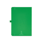 Caderno A5 pele sintética reciclada fecho elástico e páginas pautadas cor verde vista traseira 