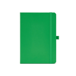 Caderno A5 pele sintética reciclada fecho elástico e páginas pautadas cor verde vista frontal 