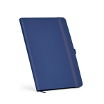 Caderno A5 pele sintética reciclada fecho elástico e páginas pautadas cor azul-marinho