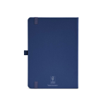 Caderno A5 pele sintética reciclada fecho elástico e páginas pautadas cor azul-marinho vista traseira 