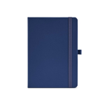 Caderno A5 pele sintética reciclada fecho elástico e páginas pautadas cor azul-marinho vista frontal 