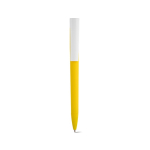 Caneta com corpo em plástico reciclado, clipe grande e tinta azul cor amarelo vista frontal 