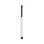 Caneta roller em alumínio reciclado e bambu com tinta azul cor branco vista frontal 