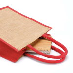 Saco de compras em juta laminada com pegas de algodão 16L cor vermelho vista de detalhe 