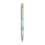 Caneta de alumínio com detalhes dourados mate, recorte e tinta azul cor verde menta