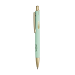 Caneta de alumínio com detalhes dourados mate, recorte e tinta azul cor verde menta
