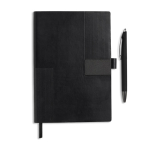 Set de caderno flexível pele sintética e caneta A5 com folhas pautadas cor preto