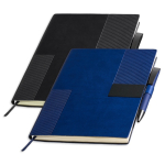Set de caderno flexível pele sintética e caneta A5 com folhas pautadas cor azul-marinho