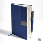 Set de caderno flexível pele sintética e caneta A5 com folhas pautadas cor azul-marinho
