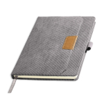 Caderno A5 de bombazina com bolso frontal e porta-caneta, páginas lisas cor cinzento-claro
