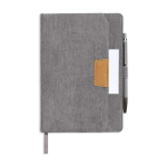 Caderno A5 de bombazina com bolso frontal e porta-caneta, páginas lisas cor cinzento-claro