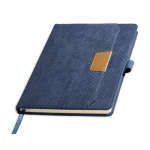 Caderno A5 de bombazina com bolso frontal e porta-caneta, páginas lisas cor azul petróleo