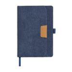 Caderno A5 de bombazina com bolso frontal e porta-caneta, páginas lisas cor azul petróleo