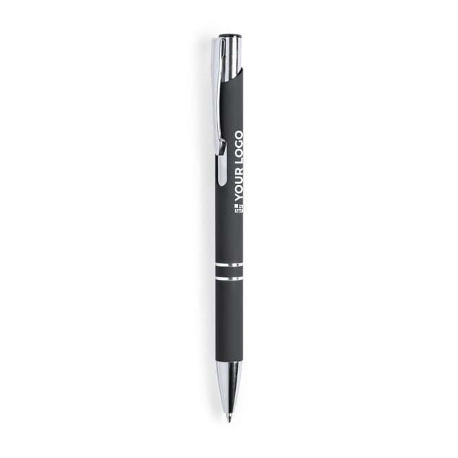 Caneta para empresa de metal com borracha e tinta azul