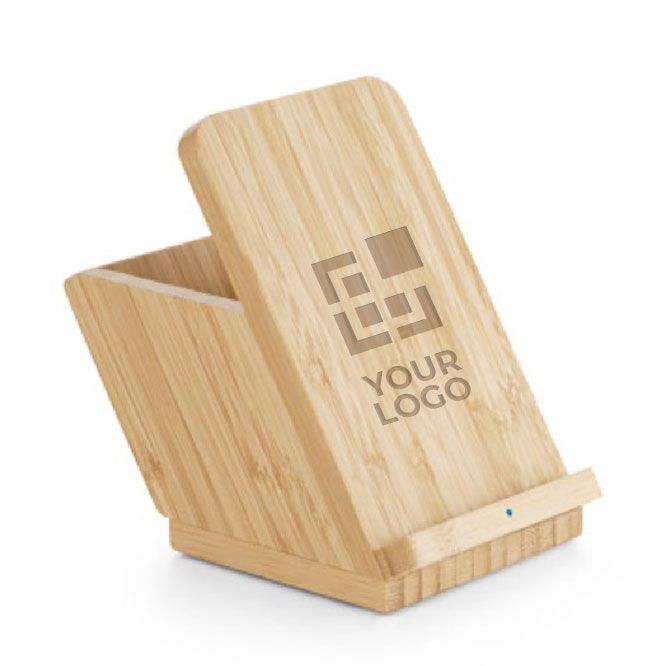 Carregador com suporte para telemóvel e porta-lápis em bambu Desk