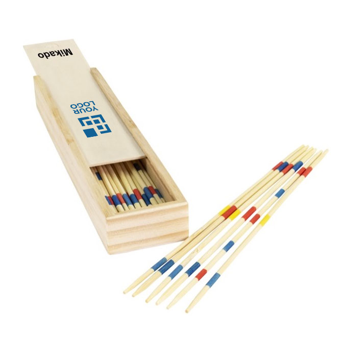 Mikado publicitário económico em caixa de madeira Miniwood
