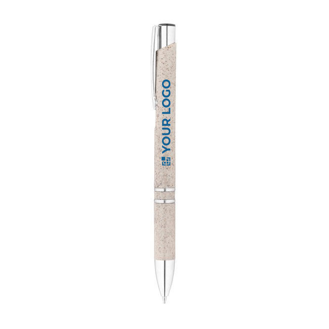 Caneta personalizada eco, acabamentos em prateado e tinta azul, Aster Eco