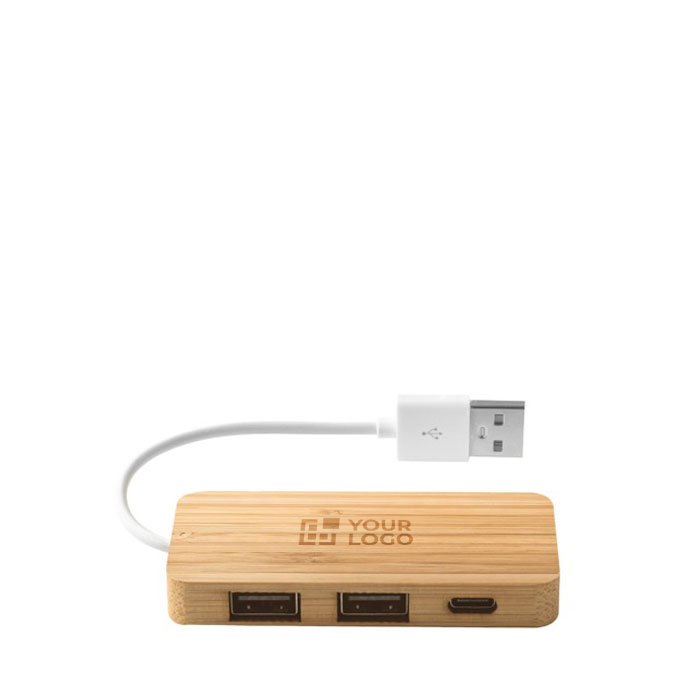 Hub USB 2.0 com porta tipo C em bambu e cabo com o logotipo