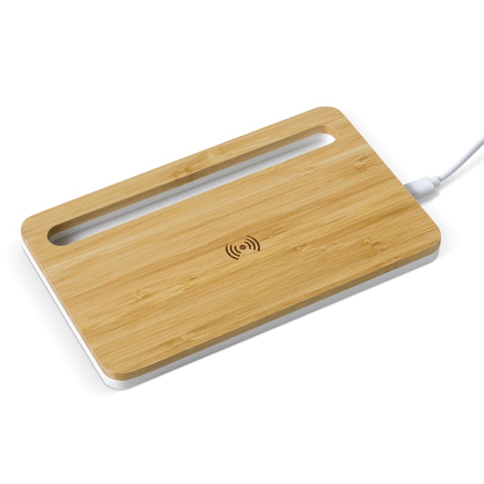 Elegante carregador sem fio de bambu em formato de bandeja Bamboo Tray