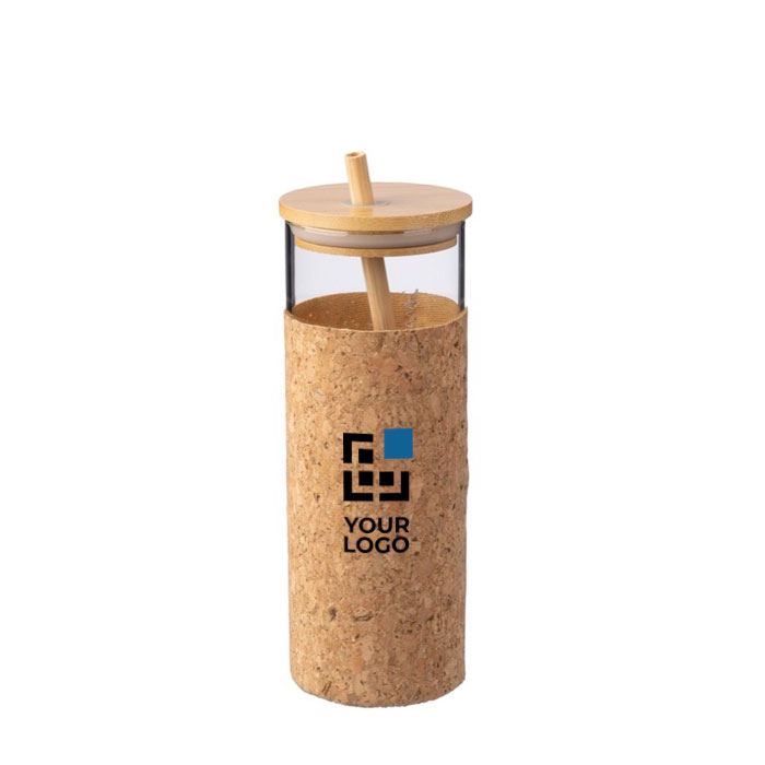 Copo de vidro com base de cortiça e tampa e palhinha de bambu 450ml