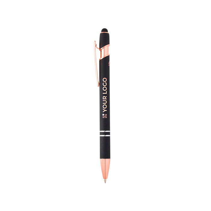 Caneta de alumínio reciclado detalhes rose gold, tinta azul