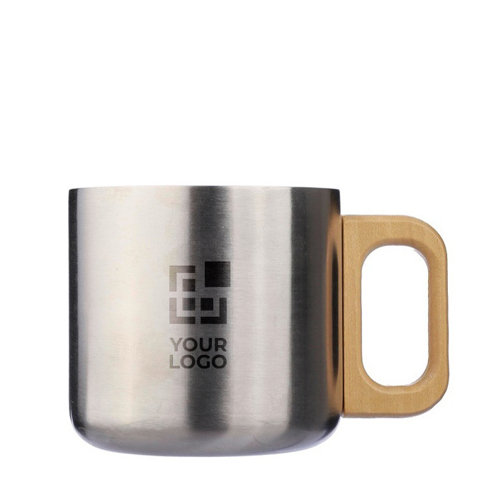 Caneca de parede dupla de aço inox reciclado com alça de bambu 400ml