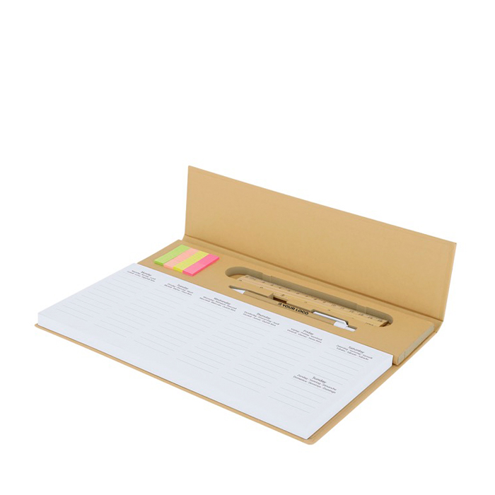 Planificador semanal caneta tinta azul, régua e autocolantes