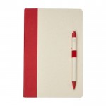 Set de caderno/caneta, cartão reciclado, folhas A5 pautadas cor vermelho segunda vista frontal