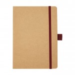 Caderno de papel reciclado, porta-caneta, folhas A5 pautadas cor vermelho segunda vista frontal